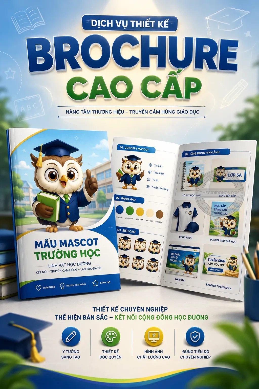 Brochure cao cặp mẫu mascot trương học