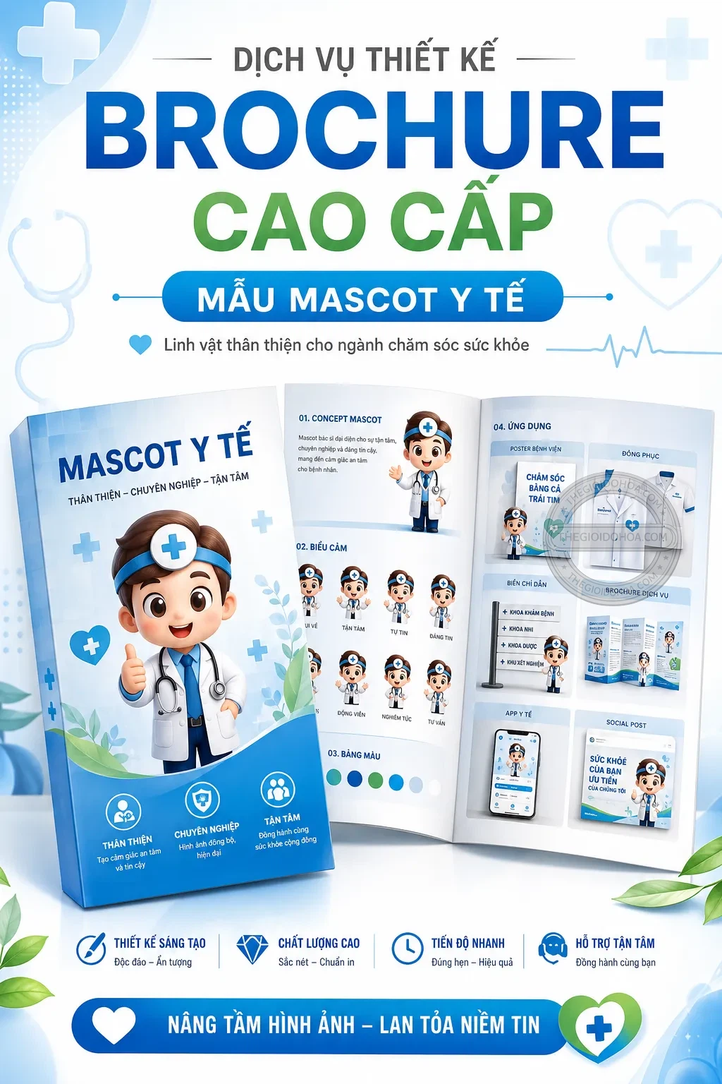 Brochure cao cặp mẫu mascot y tế